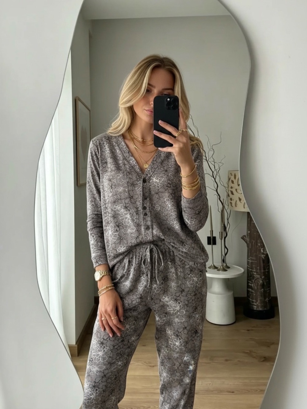 Carole Hochman Gray Floral Pajama Set Size Small